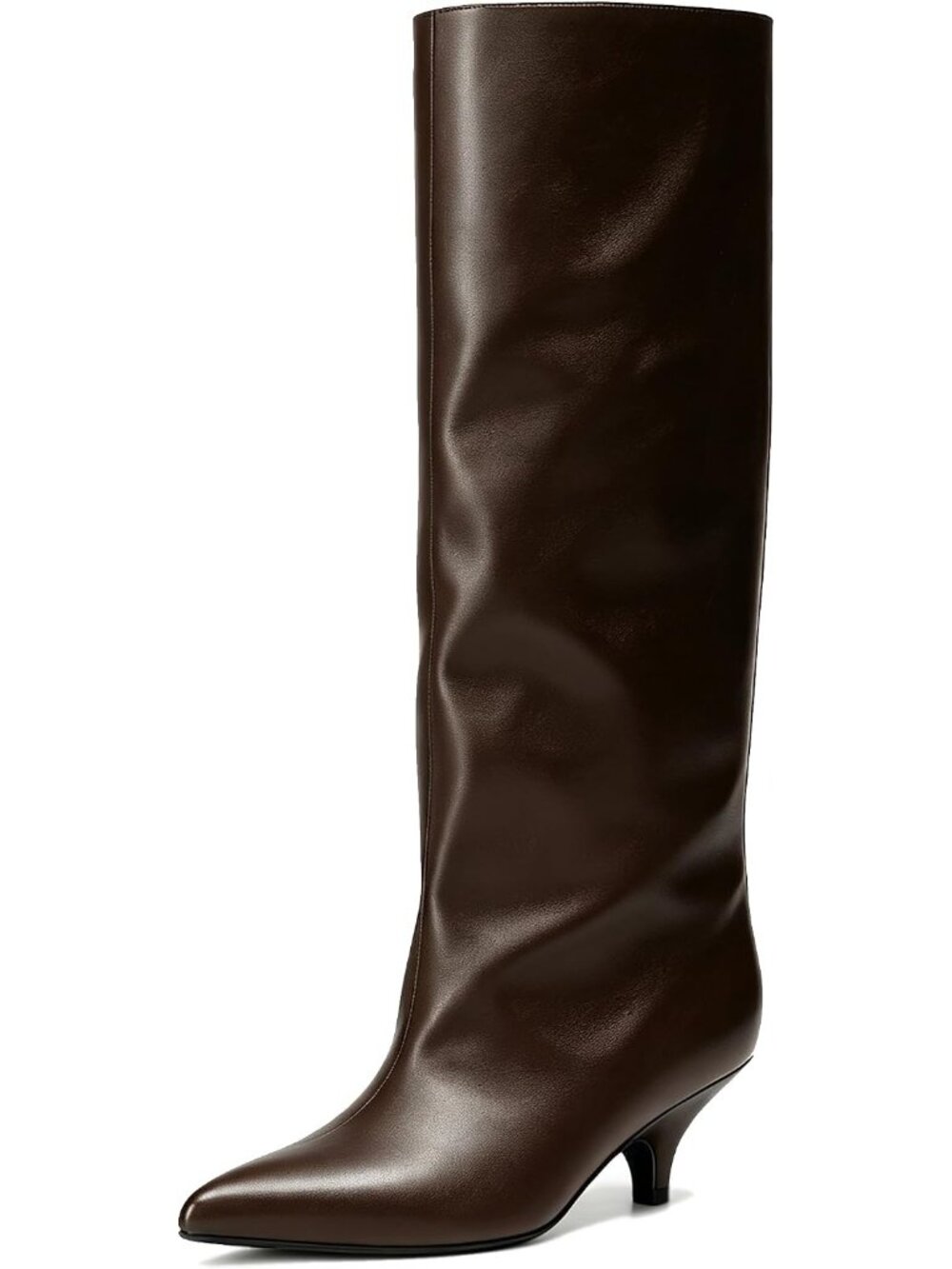 Women Brown Faux Leather Pointed-Toe Folded Wide Calf Low Kitten Knee-High Boot
